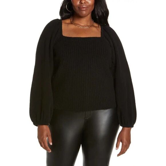 Halogen Sweaters - Halogen Puff Sleeve Square Neck Sweater Wool Blend Black